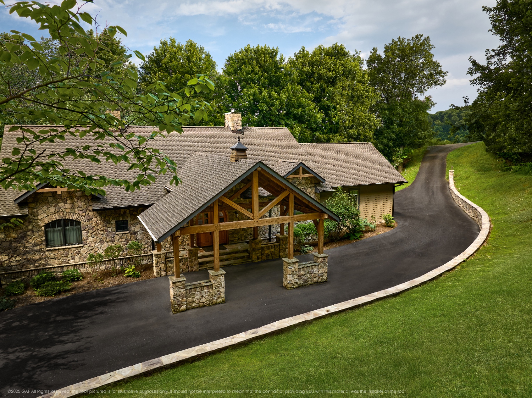 Mission brown roof on a stone lodge home