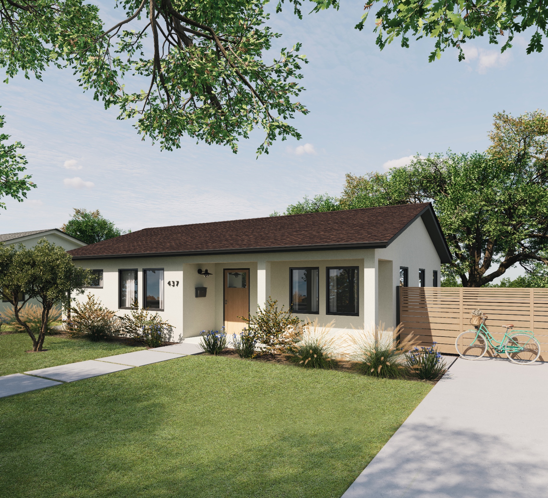 Aged chestnut roof color on a modern bungalow