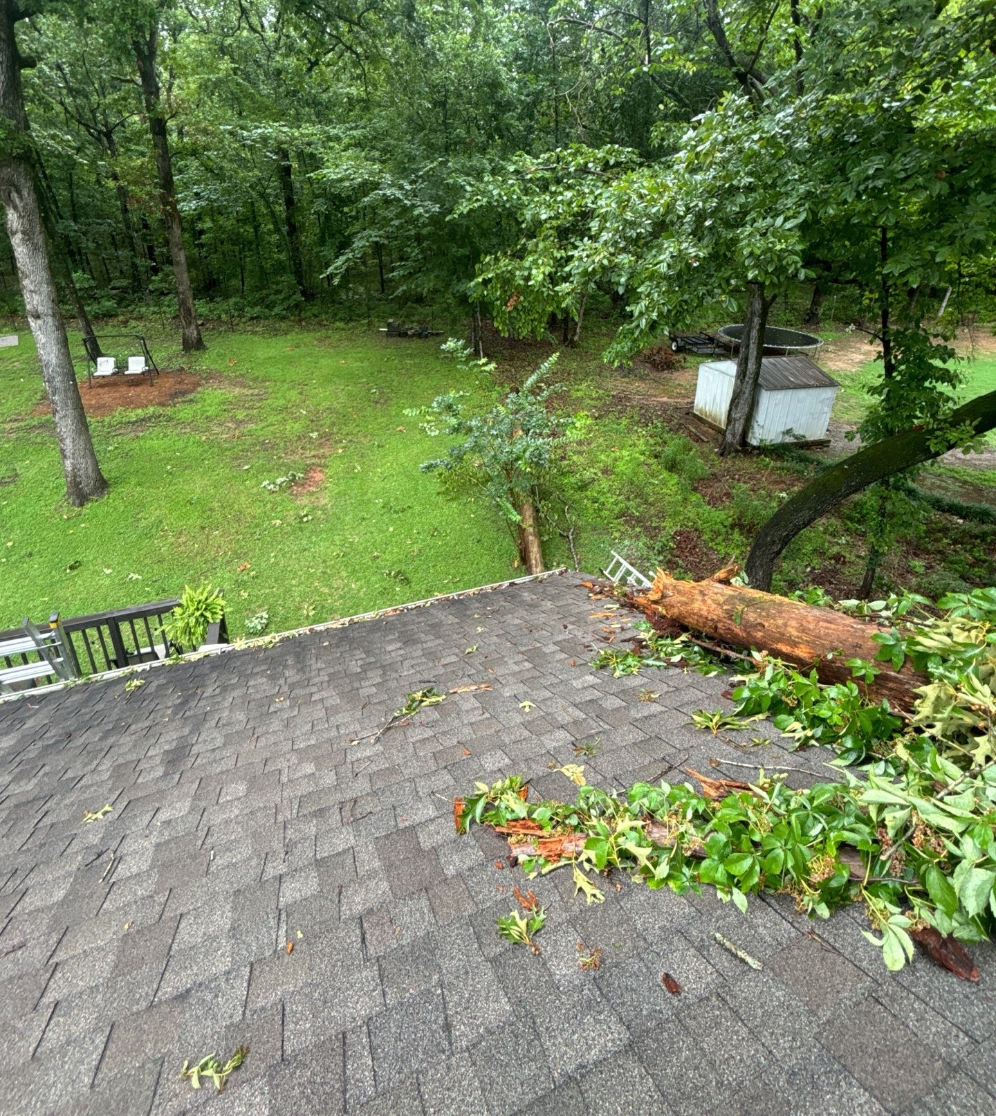 Storm-damaged backyard and roofline with tree impact debris still visible