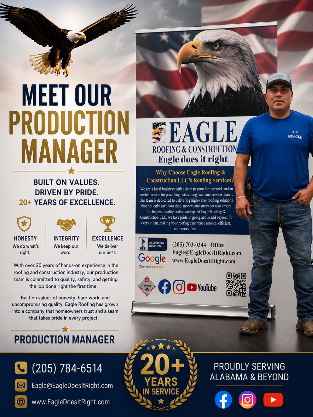 Production manager flyer highlighting Eagle Roofing leadership and experience