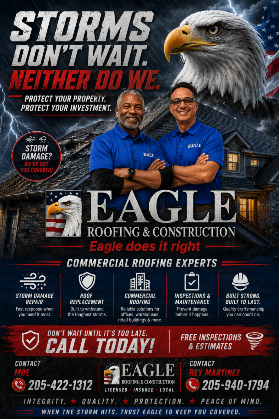 Commercial storm-response flyer featuring Moe Abdul and Rey Martinez