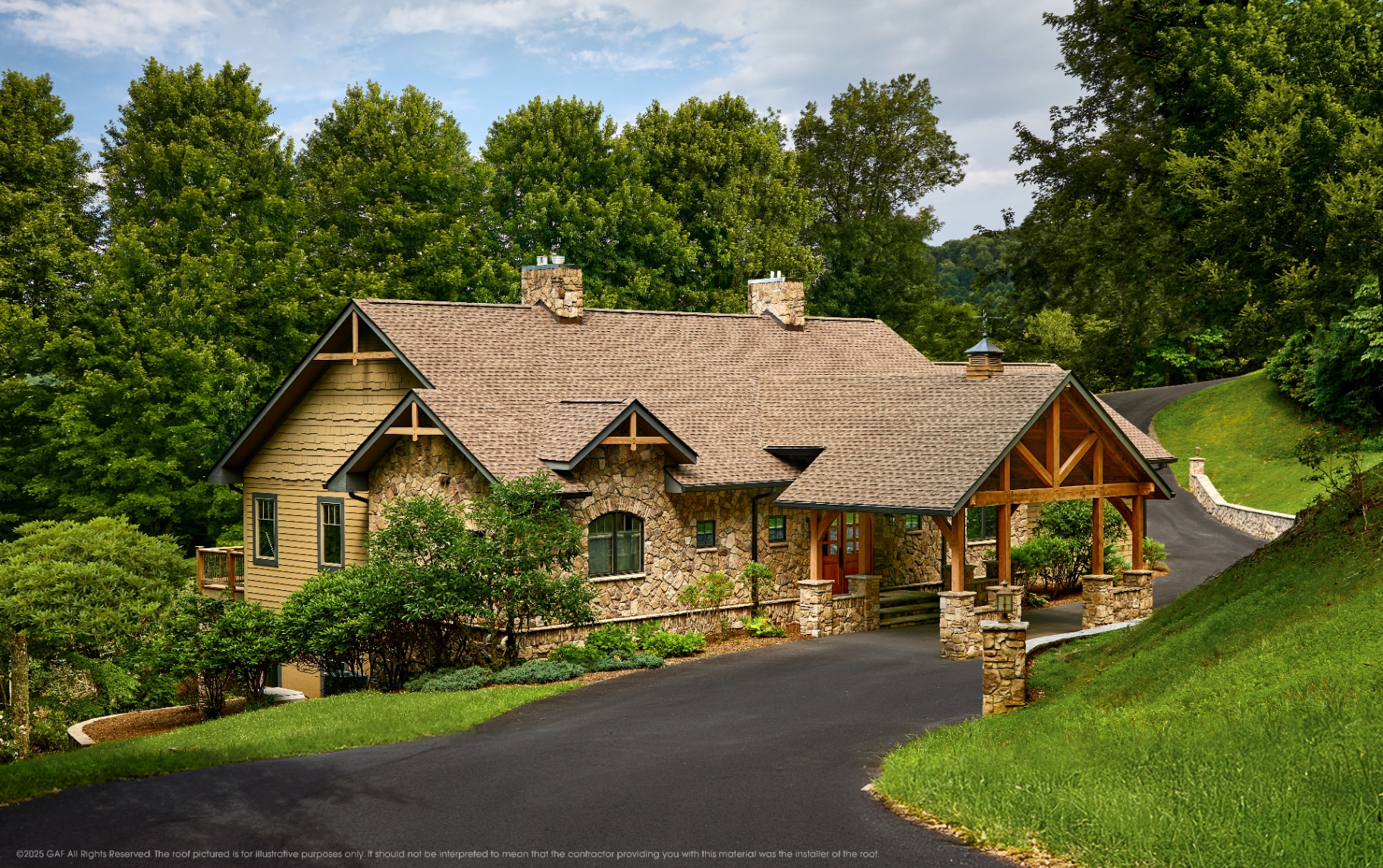 Mission brown roof on a stone and shake lodge