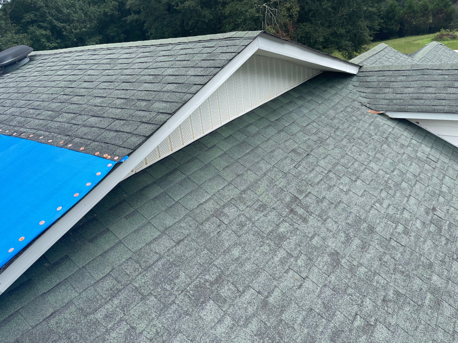 Green shingle roof and dormer detail documented during inspection
