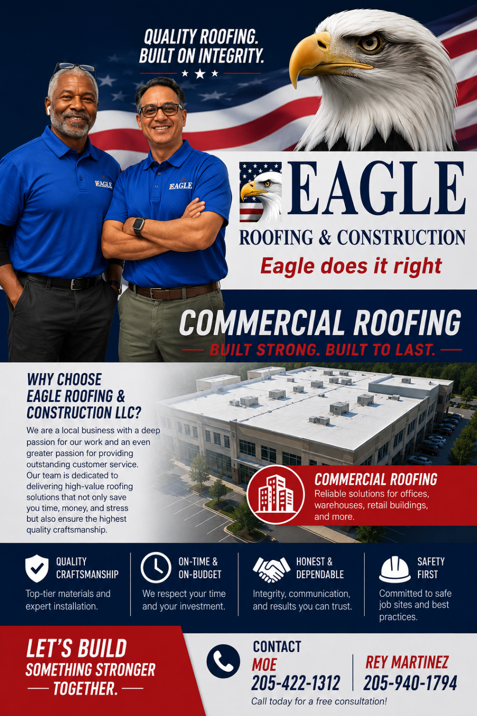 Commercial roofing flyer featuring Moe Abdul and Rey Martinez together