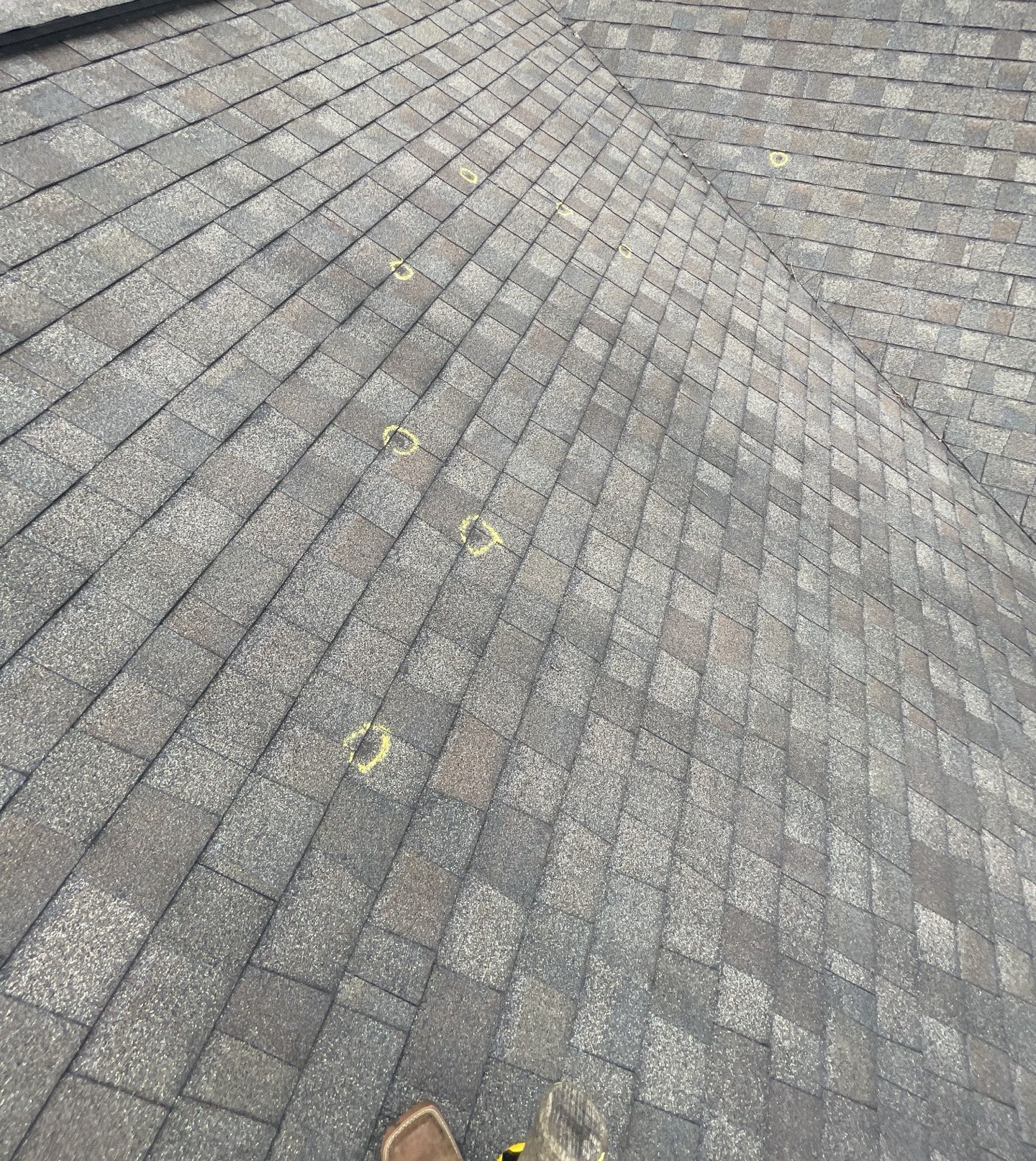 Hail-damaged shingles marked during a roof inspection