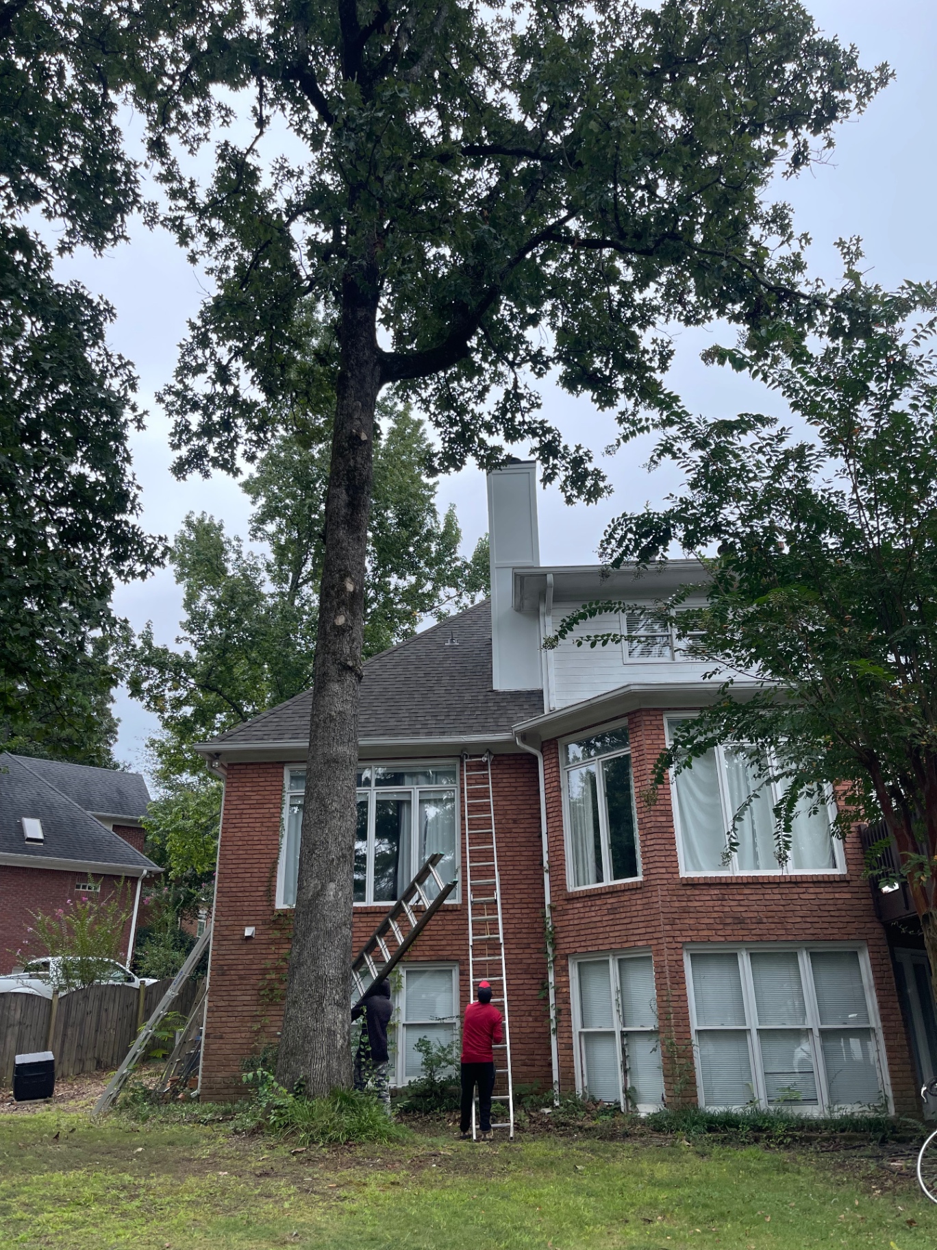 Eagle crew setting ladders and access for chimney and roof repair on a brick home