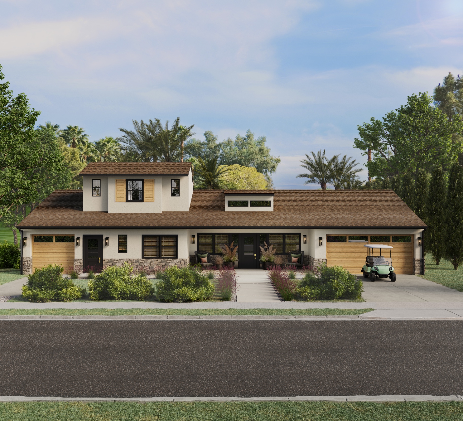 Sandalwood roof color on a broad two-story home