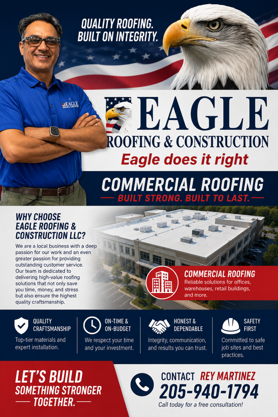 Commercial roofing flyer featuring Rey Martinez
