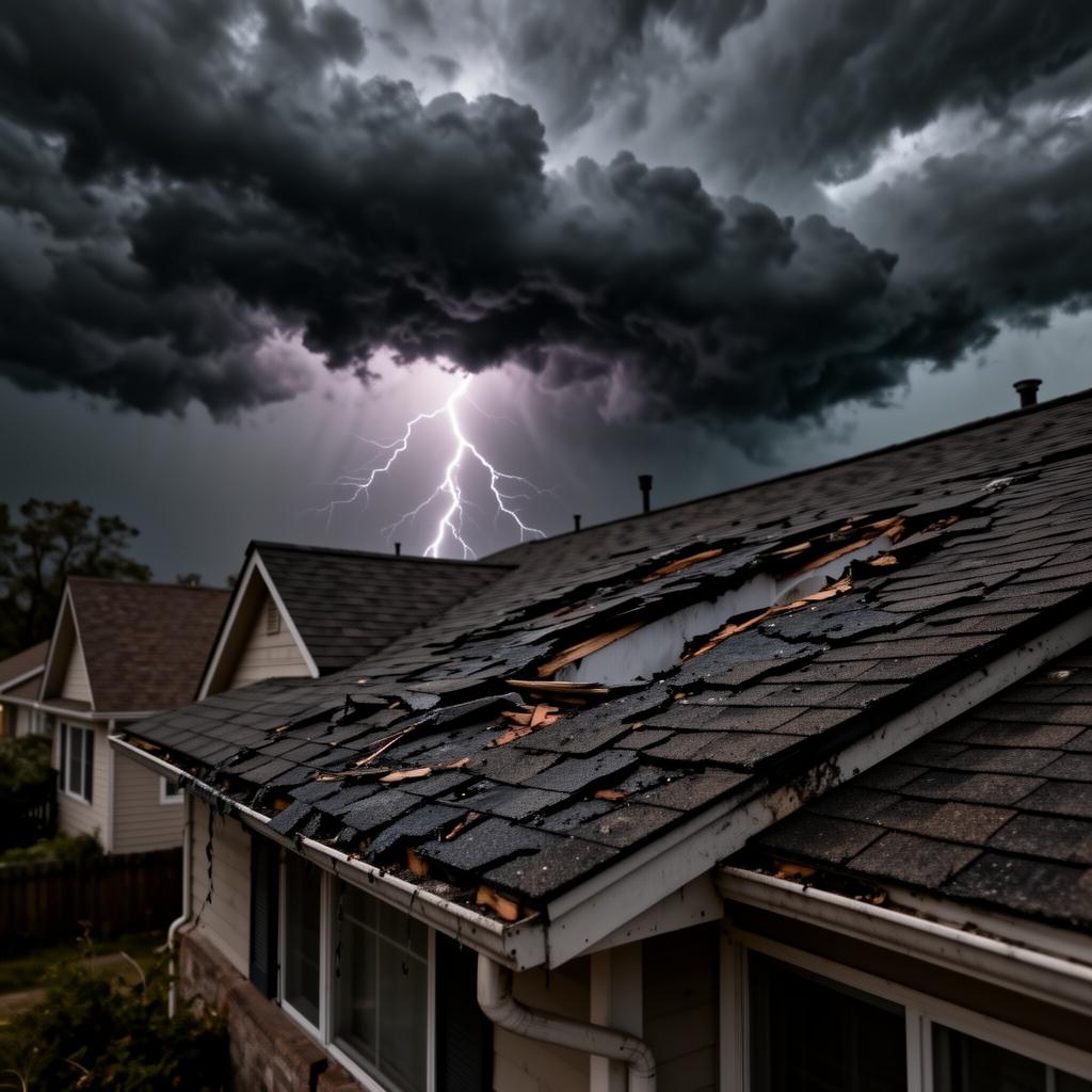 Storm-damaged shingle roof under dark clouds