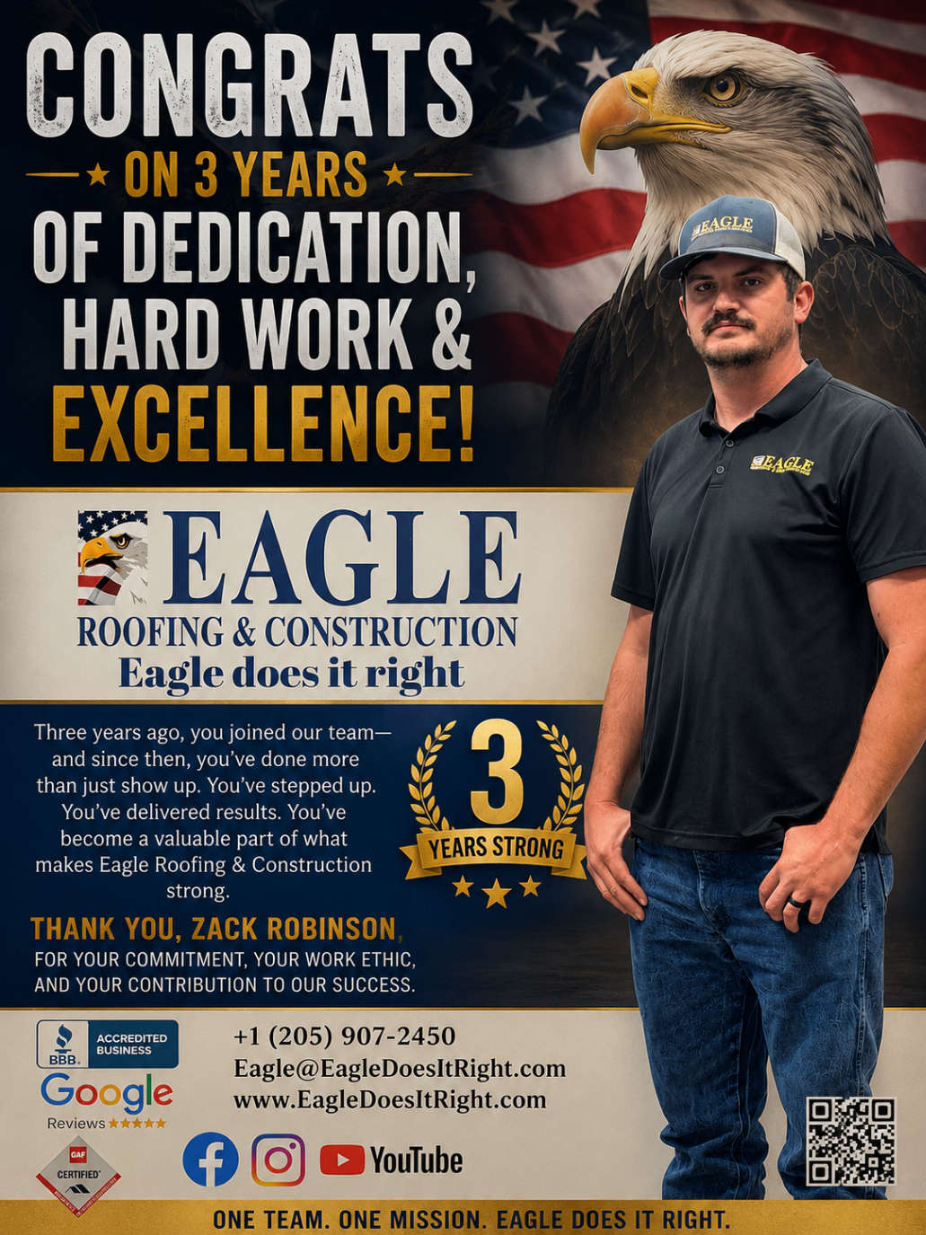 Recognition flyer congratulating Zack Robinson on years of dedication and hard work