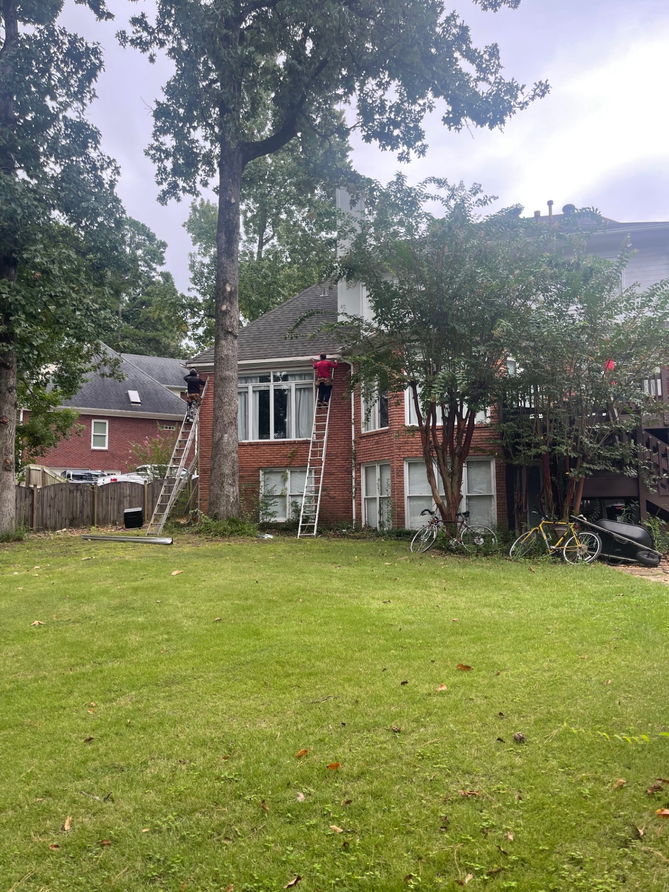 Wide backyard view of Eagle crew working on chimney and roof access setup