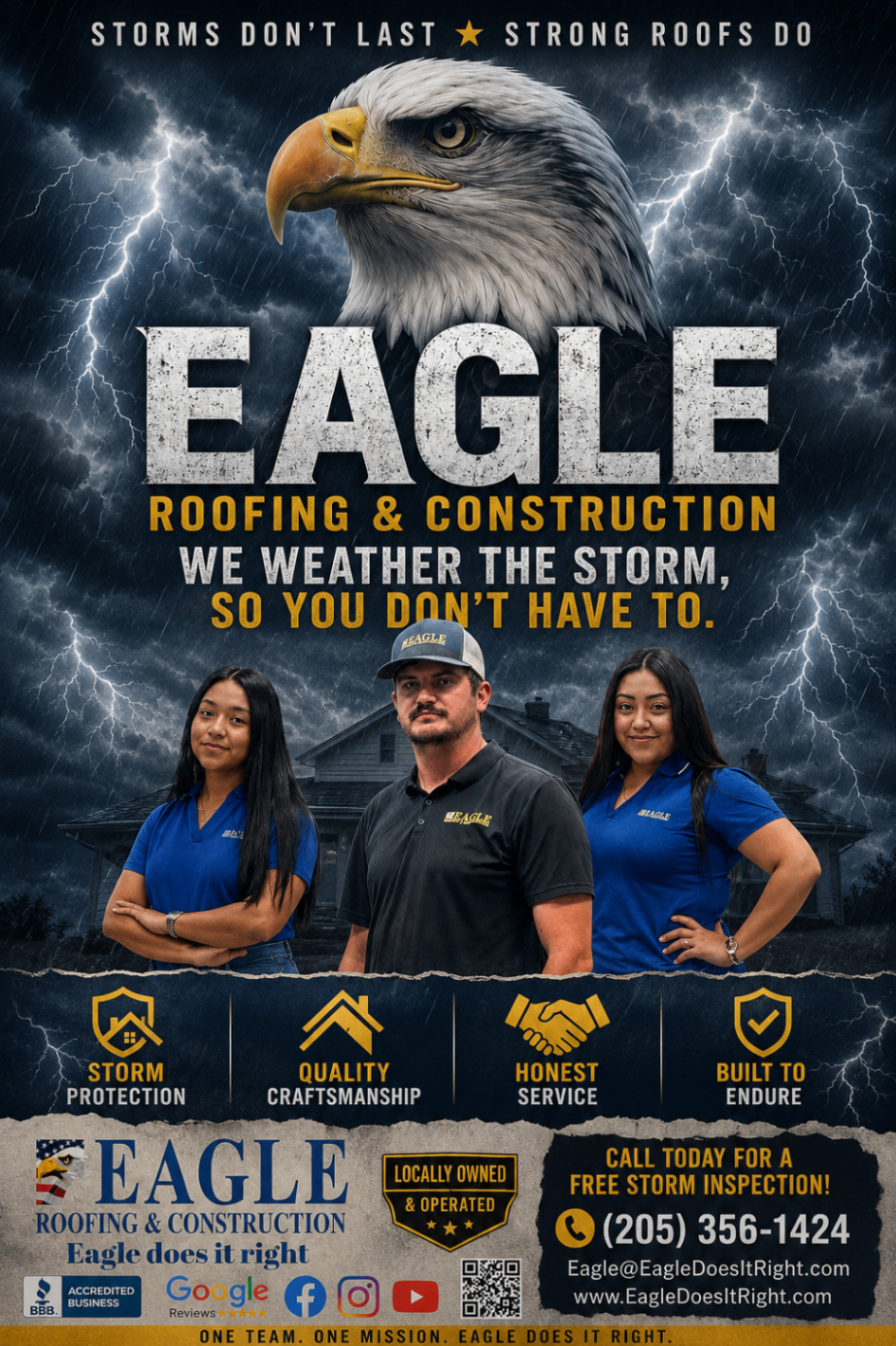 Storm protection flyer featuring Eagle Roofing team members and inspection offer