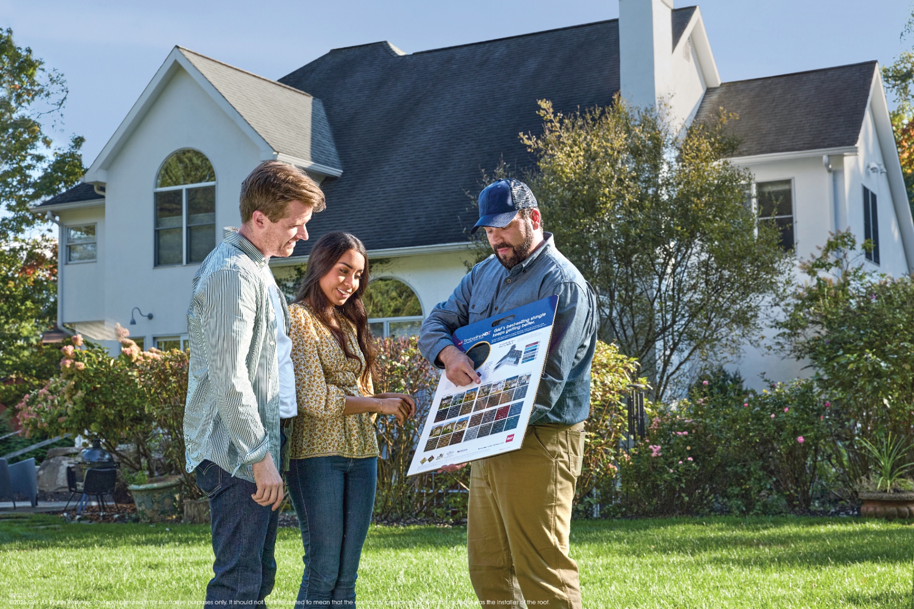 Roofer showing shingle options to homeowners in front of their house