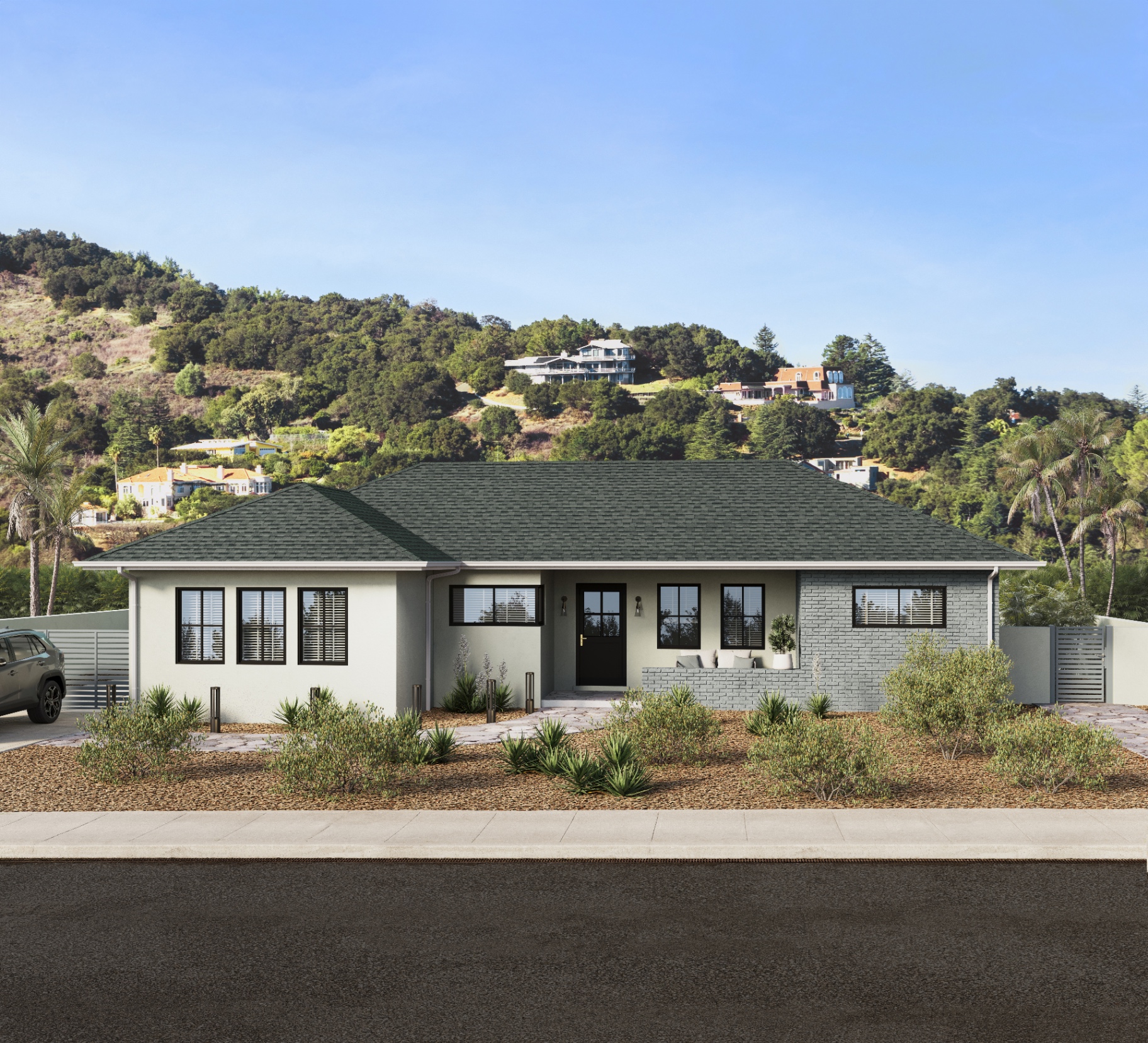 Coastal slate roof color on a stucco ranch home