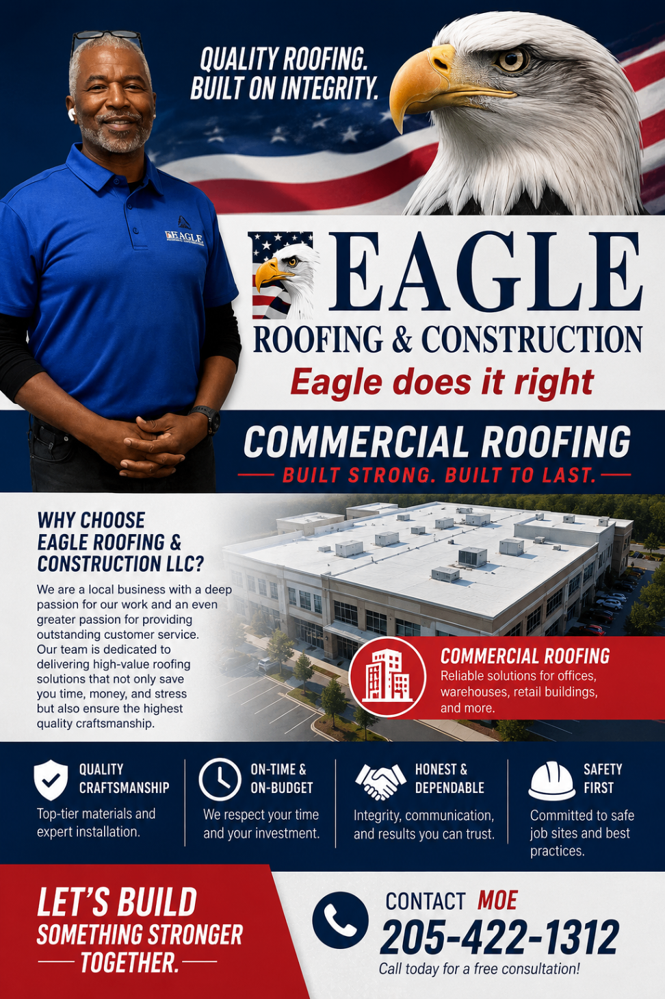 Commercial roofing flyer featuring Moe Abdul