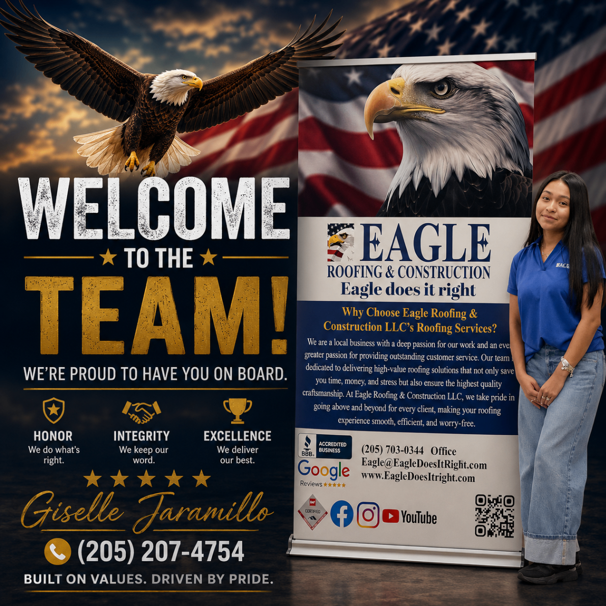 Welcome flyer introducing Giselle Jaramillo to the Eagle Roofing team