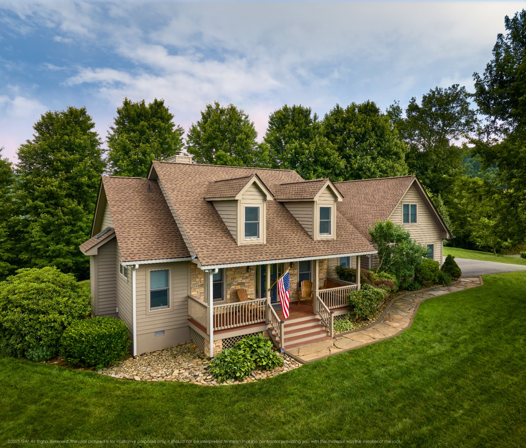 Farmhouse with a Shakewood GAF Timberline shingle roof