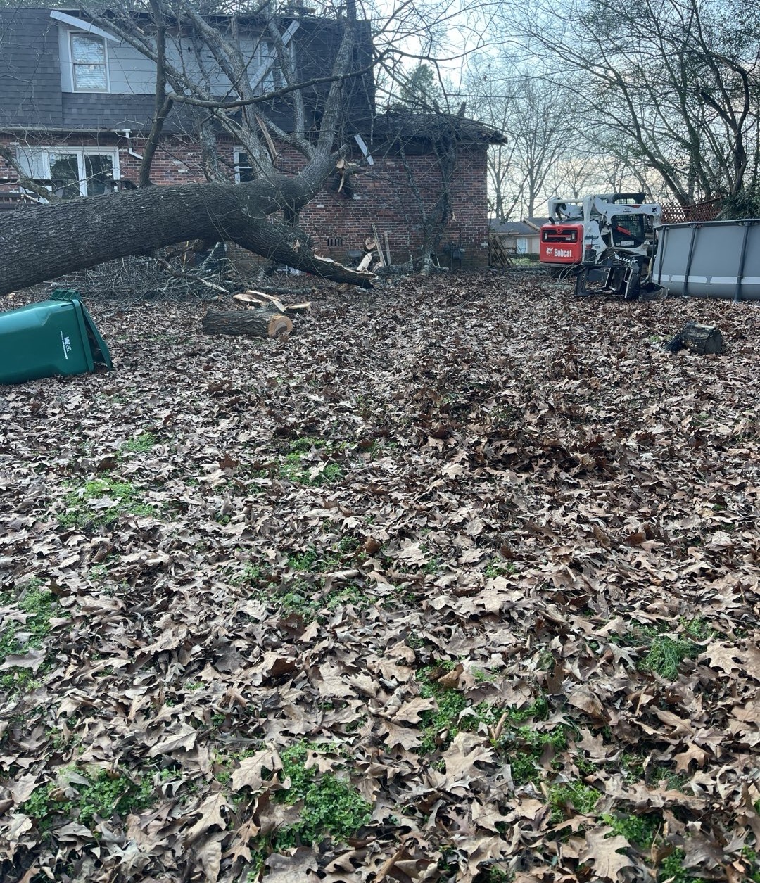 Eagle crew using a Bobcat to clear a fallen tree from a home and yard